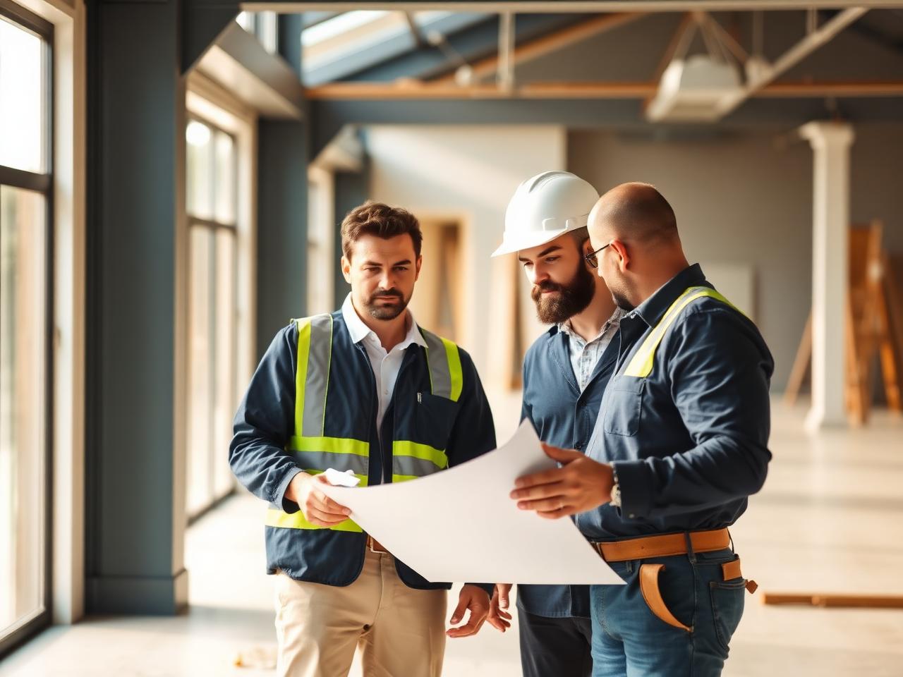 Professionnels du bâtiment étudiant les plans d'un chantier de rénovation
